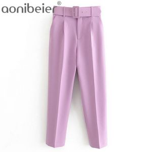 Aonibeier 2021 Za Woman Career Pant Office Lady Traf Straight Pants Belt Casual Ankle Length Women Trousers Oem Female Suit Sets