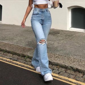 max11 SALE   2020 European and American hot style hot sale women denim wide-leg trousers ripped casual trousers denim flared pants