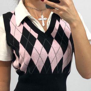max11 SALE   Vintage Y2K Crop Top Argyle Sweater Vest V Neck Sleeveless Tank Jumper Preppy Style Plaid Knitted Pullover Autumn Winter Clothes